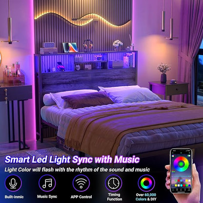 Aheaplus Headboard for Full Size Bed with Storage, Headboards with Outlets, USB Ports and LED Light, Full Size Head Board Only, Height Adjustable, Reversible, Sturdy and Stable Headboard, Black Oak