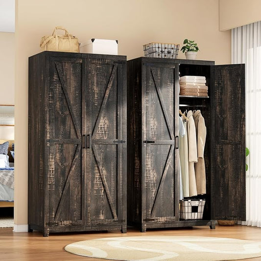 LUXOAK 70" Large Armoire Wardrobe Closet Set of 2 with Hanging Rod, Farmhouse Clothing Storage Cabinet with 4 Barn Doors, Wooden Tall Bedroom Armoires with Shelf, Dark Oak Wood