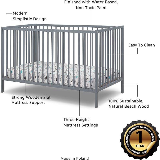 Sorelle Furniture Happy 3-in-1 Convertible Crib, Baby Crib to Toddler Bed, Sustainable Beech Wood, Non-Toxic Finish, Nursery Furniture - Gray