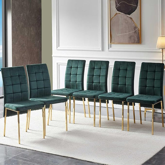 NORDICANA Upholstered Velvet Dining Chairs for 6, Classic High Back Kitchen Chairs Set of 6, Tufted Side Chairs, Golden Color Metal Legs, Forest Green
