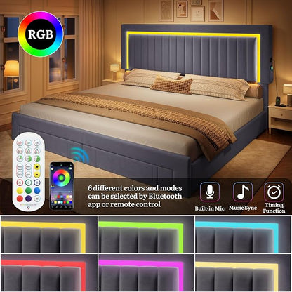DWVO King Size Bed Frame with Adjustable Headboard, 4 Storage Drawers and RGB LED Lights, Velvet Upholstered Platform Bed with USB Ports, No Box Spring Needed, Fast Assembly, Noise-Free, Dark Grey