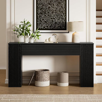 FABATO 61'' Fluted Long Console Table, Wooden Rectangular Sofa Table Behind The Couch, Narrow Entryway Table with 2 Hidden Storage Cabinets for Entrance, Hallway, Living Room, Foyer, Black