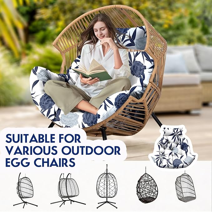 Outdoor Hanging Egg Chair Cushion Replacement, Extra Large Waterproof Egg Swing Cushions with Headrest Pillow and Ties, U-Shaped Thickened Cushion for Hanging Eggs Chair (Blue Enchantress)