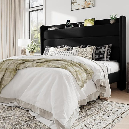 Allewie King Size Upholstered Bed Frame with Charging Station & Storage Headboard, Soft Velvet Wingback Platform Bed, Strong Wooden Slats Support, No Box Spring Needed, Easy Assembly, Black