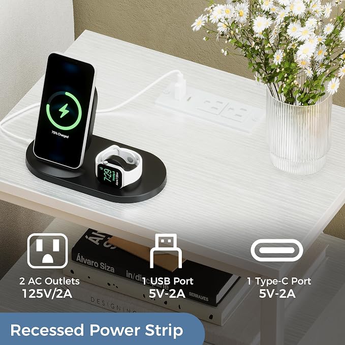DUMOS Nightstand with Charging Station Built in USB Ports and AC Outlets Bedside Table with Adjustable Fabric Drawer and Open Shelf Modern End Table for Bedroom,White