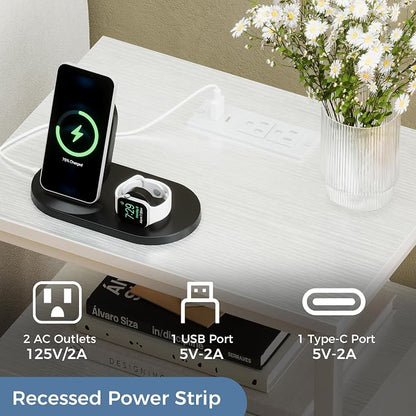 DUMOS Nightstand with Charging Station Built in USB Ports and AC Outlets Bedside Table with Adjustable Fabric Drawer and Open Shelf Modern End Table for Bedroom,White