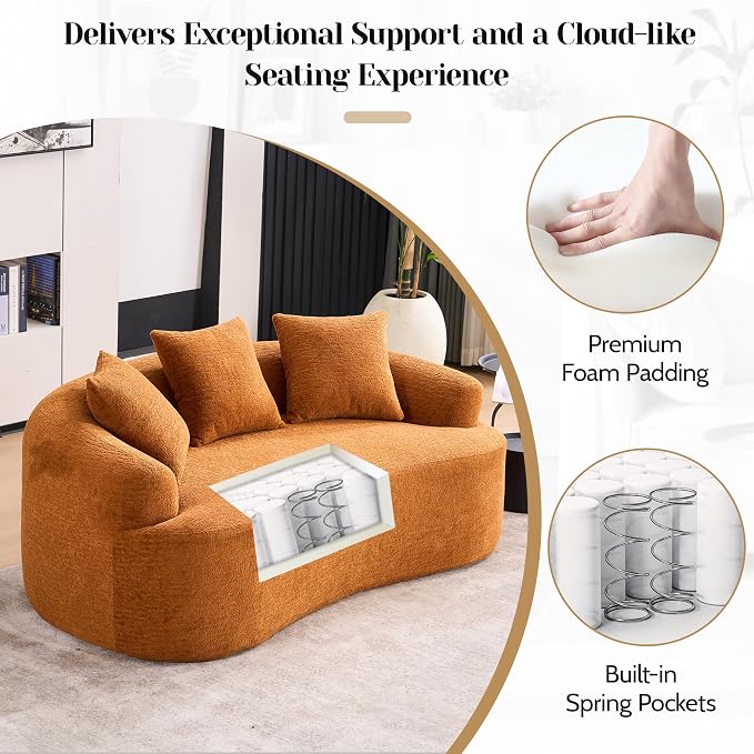 65" Curved Loveseat,Deep Seat Cloud Floor Couch with 3 Backrest,Cozy Chenille Fabric,Small Loveseat for Small Spaces,Bedroom,Office,Apartment (Orange, 65 Inch)