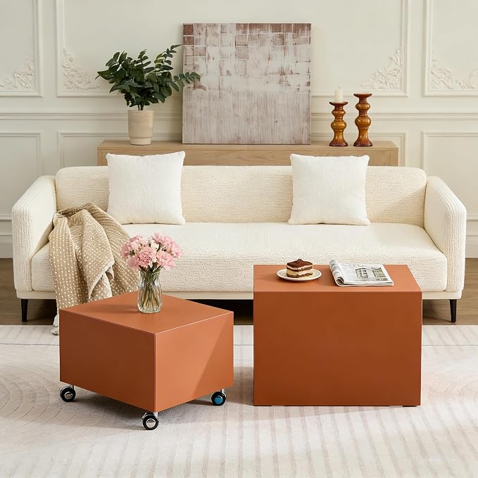 Rolling Modern Coffee Table Set of 2 with Wheels, Leather Square Coffee Table and End Table Sets, Minimalist Center Table, Luxury Wooden Cube Side Table for Living Room Bedroom Apartment,Orange