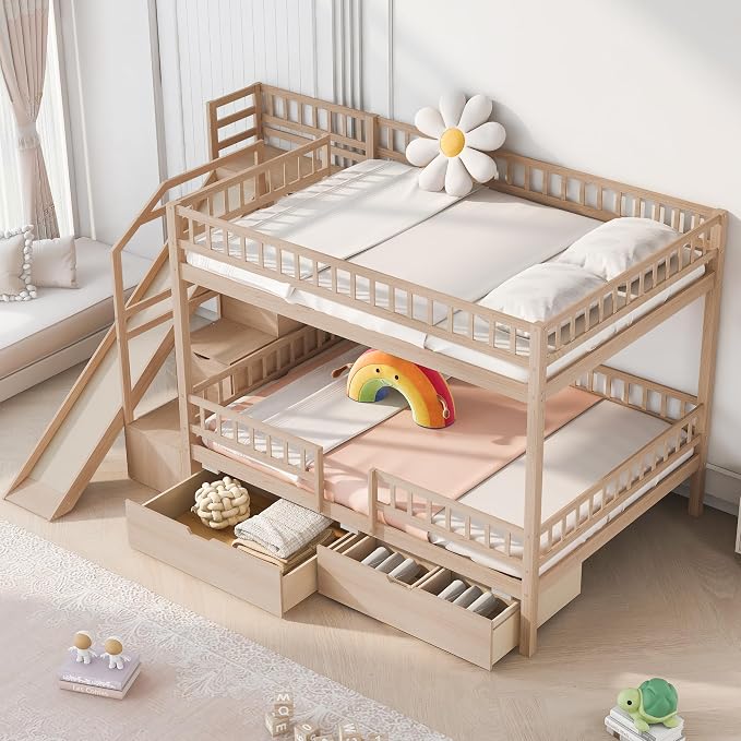 Full Over Full Bunk Bed with Slide and Staircase