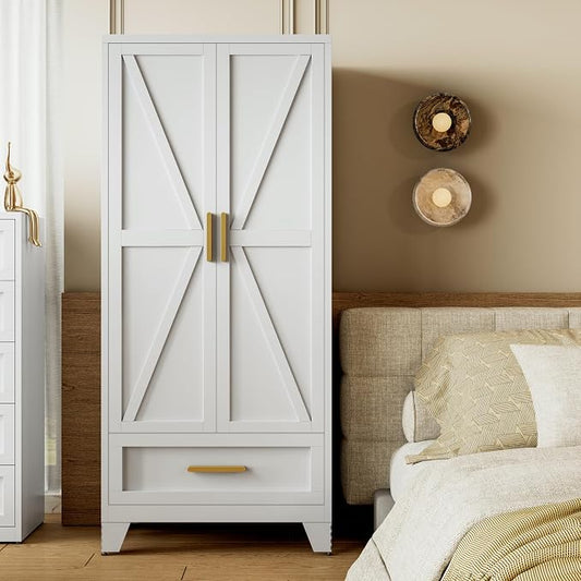 Metal Wardrobe Closet for Bedroom, 71" Freestanding Armoire Wardrobe with Drawer and Shelf, Hanging Rod Clothing Storage Cabinet with Two Doors, Tall Farmhouse Clothes Cabinet Bedroom Armoires
