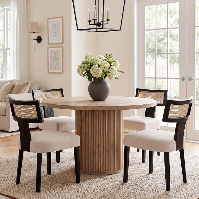 HNY Mid Century Modern Rattan Dining Chairs Set of 4, Farmhouse Linen Upholstered Accent Chair Curved Backrest Kitchen Chairs, with Black Hardwood Frame, Beige