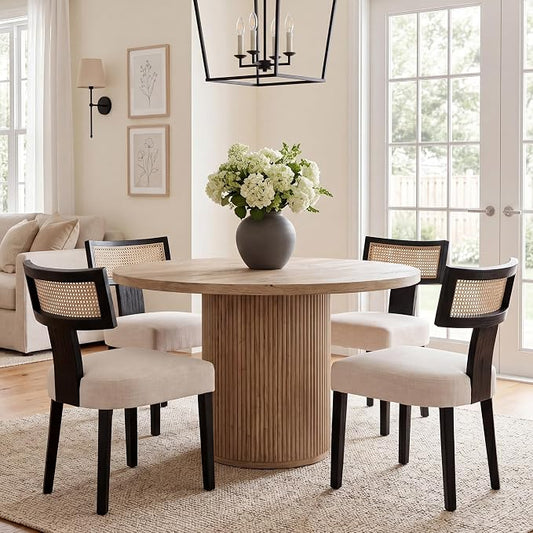 HNY Mid Century Modern Rattan Dining Chairs Set of 4, Farmhouse Linen Upholstered Accent Chair Curved Backrest Kitchen Chairs, with Black Hardwood Frame, Beige