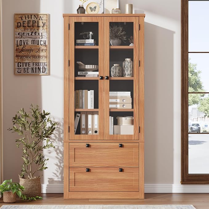 71" Tall Kitchen Pantry Cabinet - Modern Display Storage Cabinet with 2 Large Drawers, Glass Doors, and Adjustable Shelves, Farmhouse Kitchen Cupboard for Dining Room, Bathroom, Living Room, Walnut