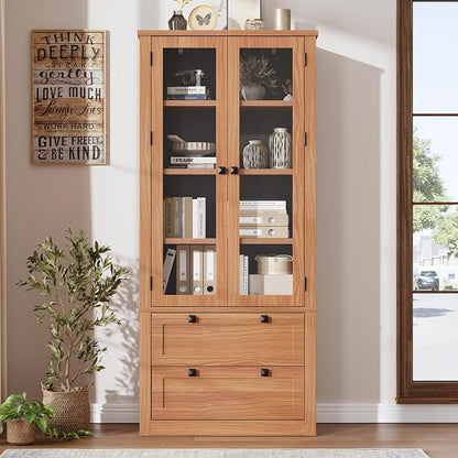 71" Tall Kitchen Pantry Cabinet - Modern Display Storage Cabinet with 2 Large Drawers, Glass Doors, and Adjustable Shelves, Farmhouse Kitchen Cupboard for Dining Room, Bathroom, Living Room, Walnut