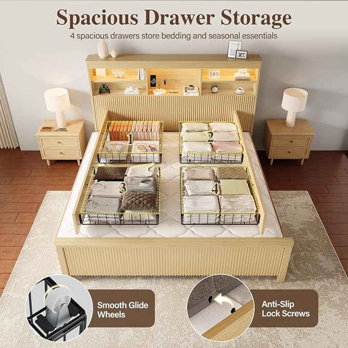 King Size Bed Frame and Tall Headboard & Storage, Metal Platform Bed Frame with 4 Storage Drawers, King Bed Frame with LED Lights & Charging Ports, No Box Spring Needed, Noise-Free, Natural