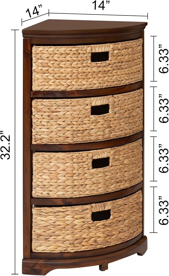 eHemco Hampton Meadows 4 Tier X-Side Corner Table, Walnut | Storage Cabinet, 4 Wicker Baskets
