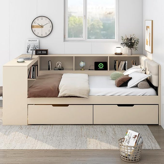 Ball & Cast Full Size Wood Daybed with Storage Shelves and Built-in Desk,Platform Bed w/Under-Bed Drawers & Charging Station,Upholstered Headboard,No Box Spring Needed,for Student Dorms,Cream