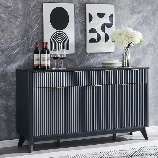 T4TREAM Large Buffet Sideboard Cabinet with Storages, 60" Fluted Modern Buffet Table Coffee Bar Wine Bar Storage Cabinet with 3 Drawers & 4 Doors for Dining Room, Living Room, Hallway(Dark Grey)