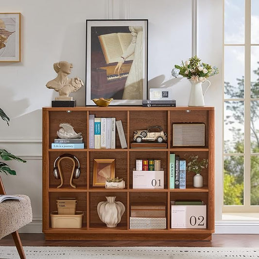 Joaxswe 12 Cube Storage Organizer, 41" Wide Large Bookshelf with Curved Edge, Wood Floor Standing 3-Tier Cubby Bookcase w/Base, Rustic Display Storage Cabinet, Book Case for Home Office, Brown