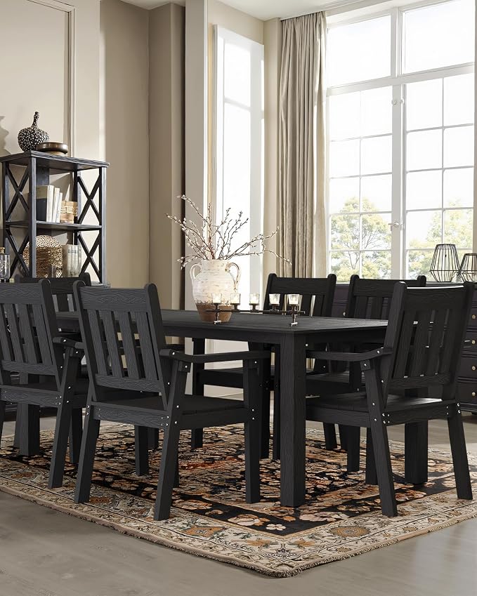 YEFU HIPS Patio Table Set: 7 Piece Outdoor Table and Chairs Patio Furniture Set with Umbrella Hole - Black Modern Plastic Dining Sets 6 Person for Outside Deck with Metal Aluminum Frame