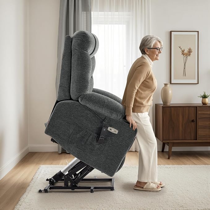 MCombo Oversized Power Lift Recliner Chair with Extended Footrest, Extra Wide for Big and Tall Elderly People, Fabric R7289 (Dark Gray, Medium-Wide)