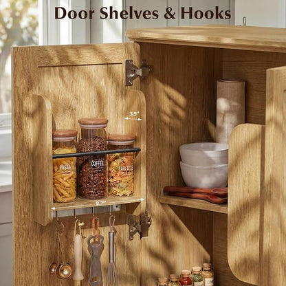 72.2" Tall Kitchen Pantry Cabinet with Doors, Farmhouse Storage Cabinet with Charging Station & LED Light, Drawer, Adjustable Shelves and Pull-Out Shelves, Oak Wood Pantry Cupboard for Dining Room