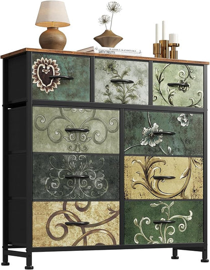 DUMOS 9 Drawer Dresser for Bedroom, Storage Organizer Chest of Drawers | Fabric Bins Storage Tower with Sturdy Metal Frame, Wood Tabletop for Closet, Vintage