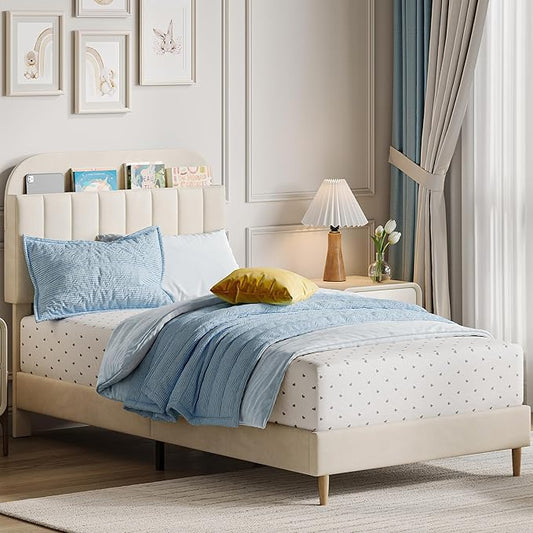 GarveeHome Full Bed Frame with Storage Headboard, Velvet Upholstered Platform Bedframe for Kids, Girl Bed, Strong Wooden Slats, Noise-Free, Easy Assembly, No Box Spring Needed, Beige
