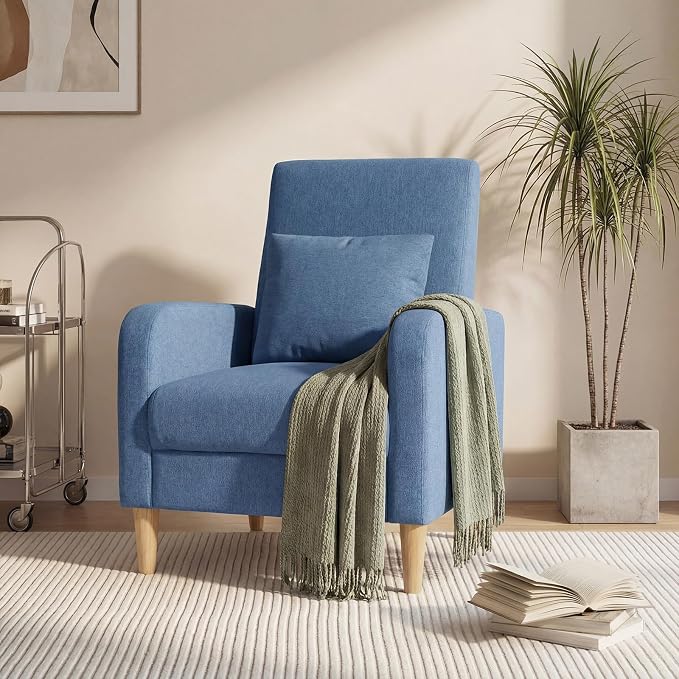 COLAMY Mid-Century Modern Upholstered Accent Chair with Back Pillow & Solid Wood Legs, Fabric Cozy Armchair for Living Room, Bedroom, Reading Nook, Apartment & Small Spaces, Blue
