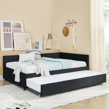 KEIKI Full Size L-Shpaed Upholstery Daybed with Erectable Trundle, Full to King Design Mid-Century Extendable Velvet Sofa Bed, Easy Assembly, No Box Spring Required, for Living Room and Bedroom, Black