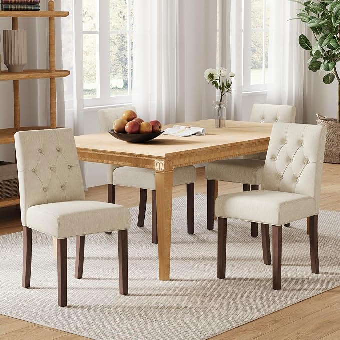 Upholstered Dining Chairs Set of 4, Modern Fabric Dining Chairs with Tufted Design, Kitchen Side Chairs, Farmhouse Dinner Chair with Wood Legs for Kitchen Restaurant Living Room, Beige