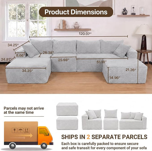 Claiks 120" Boneless Couch, Cloud Couch Sectional, U-Shape Corduroy Modular Sectional Sofa Deep Seat, Upholstered Couches for Living Room, No Assembly Required, Light Grey
