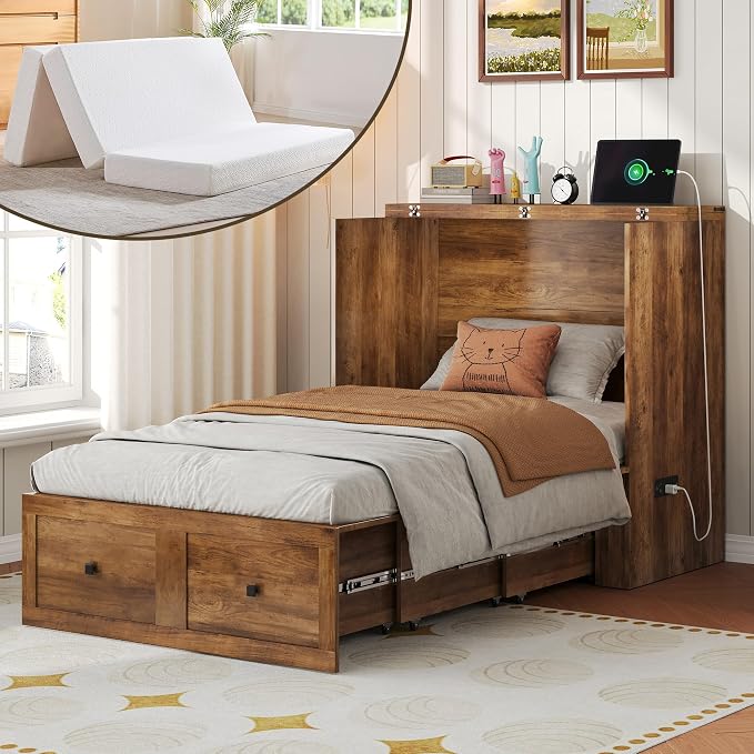 LUXOAK Twin Murphy Bed with 6" White Tri-Fold Memory Foam Mattress, Storage Drawer & Charging Station, Space-Saving Design for Home Office or Guest Room, Barnwood
