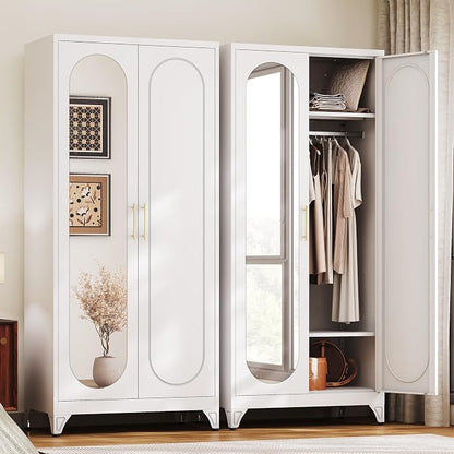 UNICOLY Metal Wardrobe Cabinet with Mirror Doors，71" Tall Armoire Wardrobe Closet with Hanging Rod and Adjustable Shelves，White Clothing Storage Cabinets for Bedroom, Living Room,Office