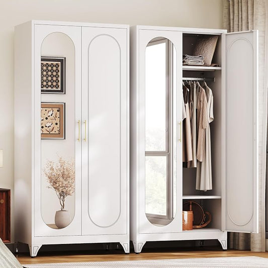 UNICOLY Metal Wardrobe Cabinet with Mirror Doors，71" Tall Armoire Wardrobe Closet with Hanging Rod and Adjustable Shelves，White Clothing Storage Cabinets for Bedroom, Living Room,Office