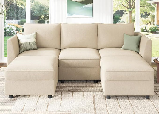 HONBAY Modular Sectional Sofa with Storage U Shaped Sectional Sofa, Convertible Couches for Living Room - Beige