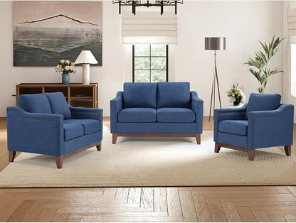 HAOMARKETS Modern 3 Piece Sofa Set with Rivets, Included Fabric Accent Chair, and Upholstered Loveseat 2-Seater Couches Set of 2 with Solid Wood Legs, Living Room Furniture Set,Blue