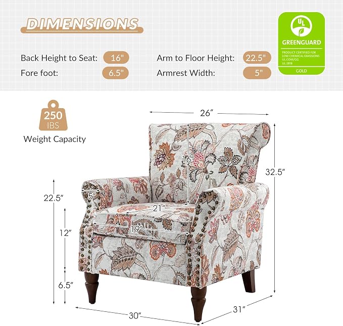 HULALA HOME Modern Wingback Accent Chair with Wood Legs & Removable Cushion, Comfy Upholstered Armchair with Nailhead Trim, Floral Pattern Single Sofa Chair for Living Room Bedroom, Pink