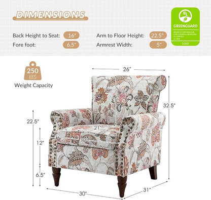 HULALA HOME Modern Wingback Accent Chair with Wood Legs & Removable Cushion, Comfy Upholstered Armchair with Nailhead Trim, Floral Pattern Single Sofa Chair for Living Room Bedroom, Pink