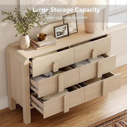 WAMPAT Beige Dresser for Bedroom, 47.2" W 6 Drawers Mid Century Modern Chest of Drawers, Wooden Dressers TV Stand with Curved Profile Design, Storage Organizer for Bedroom, Closet, Hallway