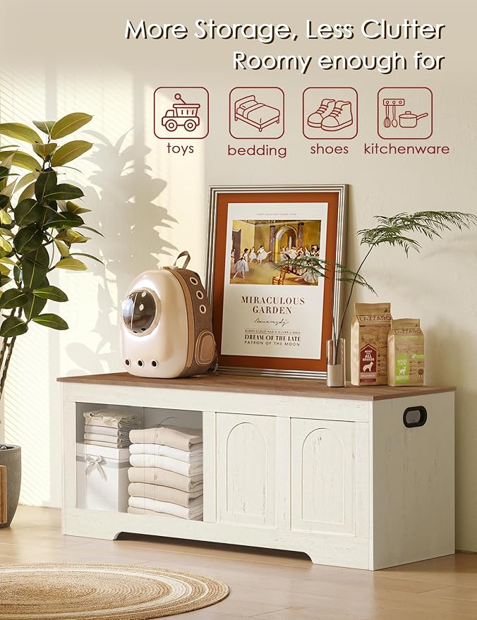 DINZI LVJ Storage Chest, 47.2”Wooden Storage Bench with 2 Safety Hinges, Farmhouse Toy Box with Flip-Top, Large Trunk for Living Room, Bedroom, Easy Assembly, Honey Brown and Rustic White