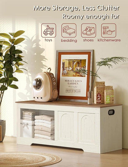 DINZI LVJ Storage Chest, 47.2”Wooden Storage Bench with 2 Safety Hinges, Farmhouse Toy Box with Flip-Top, Large Trunk for Living Room, Bedroom, Easy Assembly, Honey Brown and Rustic White