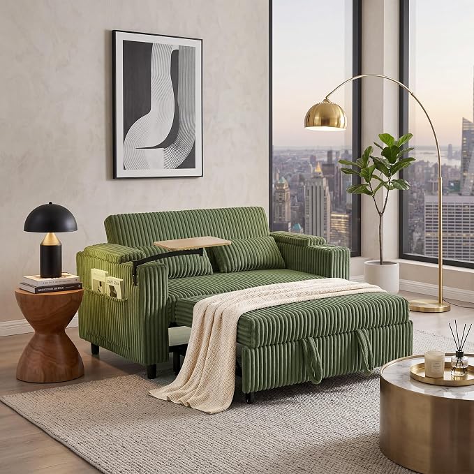 LINSY HOME 3-in-1 Pull Out Sofa Bed, 58" Convertible Sleeper Sofa for Living Room, 360° Swivel Table, Storage Armrests, Charging Station, Cup Holders, 2 Pillows, Corduroy Loveseat Futon Couch, Green