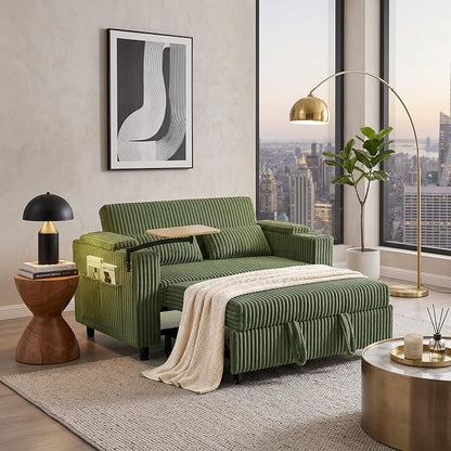 LINSY HOME 3-in-1 Pull Out Sofa Bed, 58" Convertible Sleeper Sofa for Living Room, 360° Swivel Table, Storage Armrests, Charging Station, Cup Holders, 2 Pillows, Corduroy Loveseat Futon Couch, Green