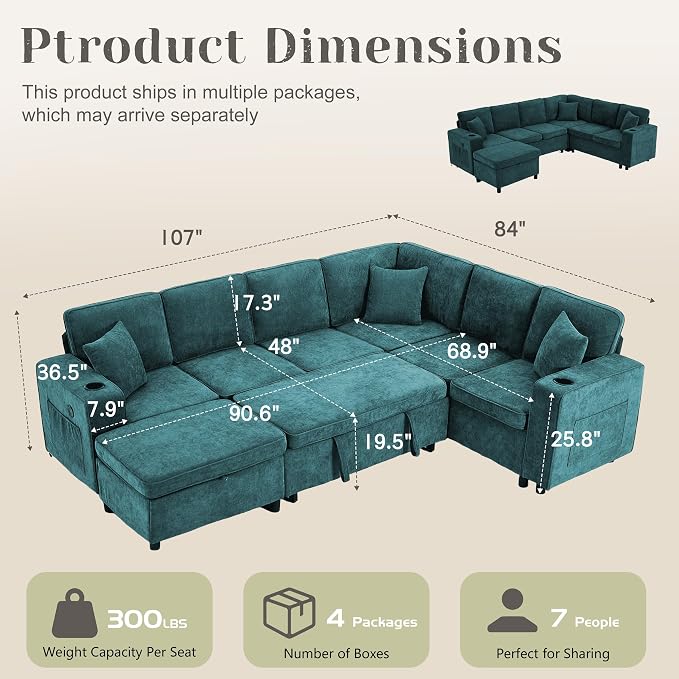107 Inch Sectional Sleeper Sofa with Pull Out Bed, 7 Seat U Shaped Modular Sectional Sofa with Storage Ottoman, USB Port & 6 Pillows, Sectional Couches for Living Room & Apartment, Modular Couch,Green
