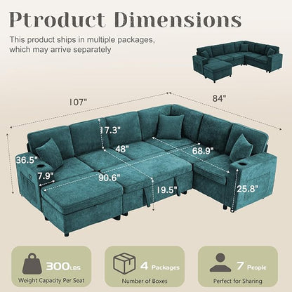 107 Inch Sectional Sleeper Sofa with Pull Out Bed, 7 Seat U Shaped Modular Sectional Sofa with Storage Ottoman, USB Port & 6 Pillows, Sectional Couches for Living Room & Apartment, Modular Couch,Green