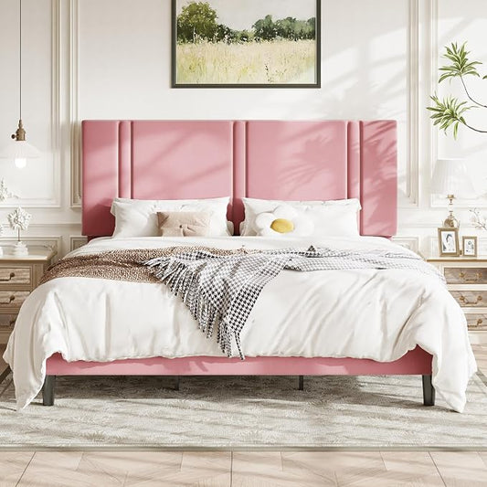 Allewie King Size Platform Bed Frame with Adjustable Headboard, Plush Velvet Upholstered, Vertical Channel Tufted, Sturdy Wooden Slats, No Box Spring Needed, Easy Assembly, Pink
