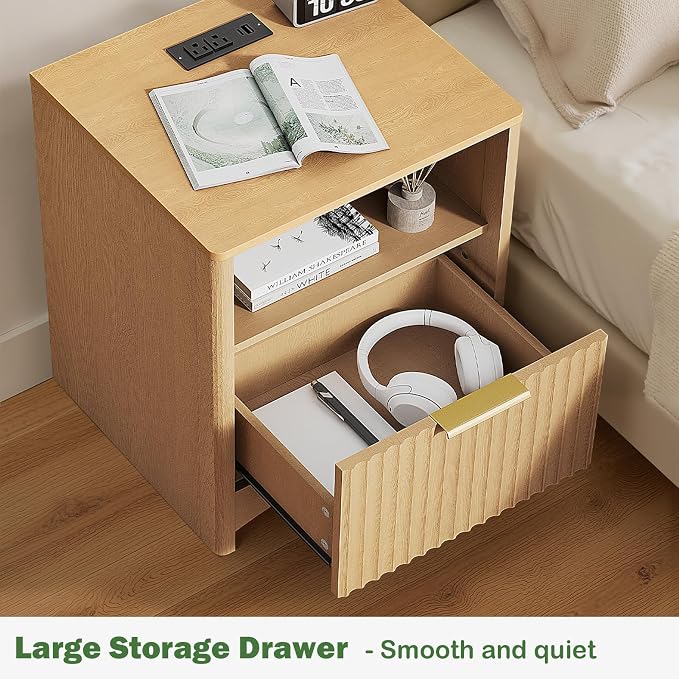 Marsail Fluted Nightstand, Wooden Nightstands with Drawers, Modern Bedside Table with Charging Station and Storage, End Table with Storage Side Table for Bedroom, Oak