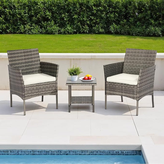 FDW | 3-Piece Patio Furniture Set | Gray & Khaki | Outdoor Wicker Furniture with Coffee Table | Modern Rattan Chairs Conversation Set | Outdoor Seating | Weather-Resistant | for Porch, Garden, Lawn