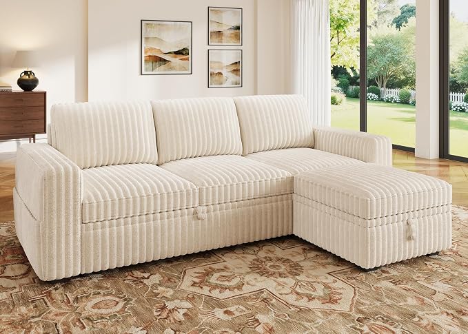 HONBAY Modular Sectional Sofa with Pull Out Bed,Corduroy L Shaped Sleeper Sofa with Storage, Sectional Couches for Living Room,Beige